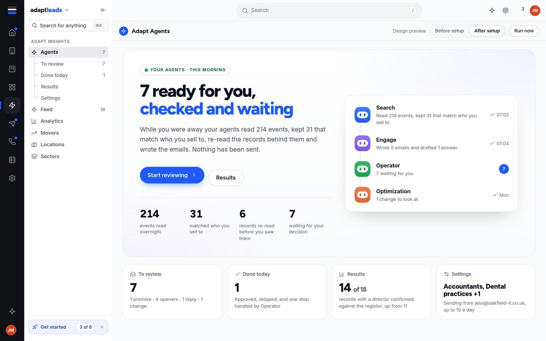 The Adapt Agents screen: seven things ready for you, with Search, Engage, Operator and Optimization listed.