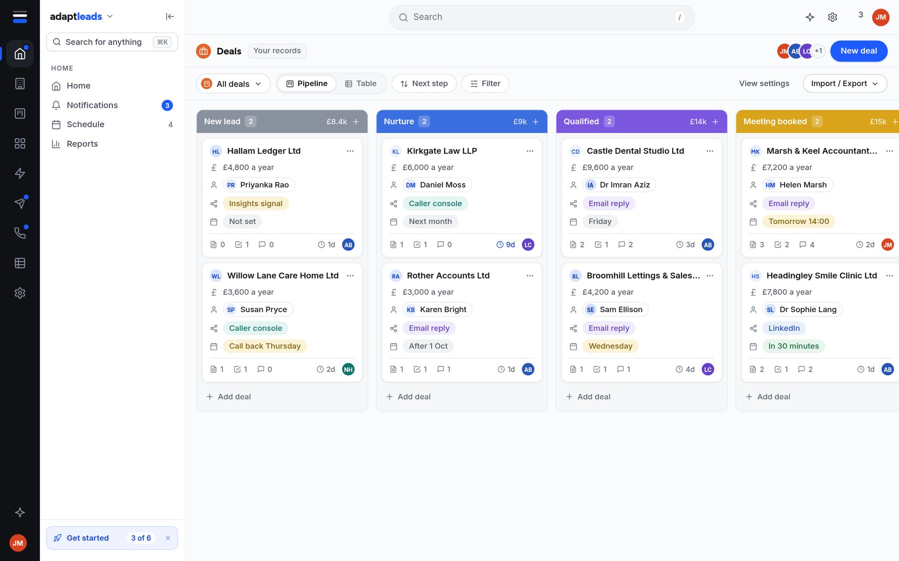 The Deals pipeline with columns from New lead to Meeting booked, each deal showing its value, owner, source and next step.