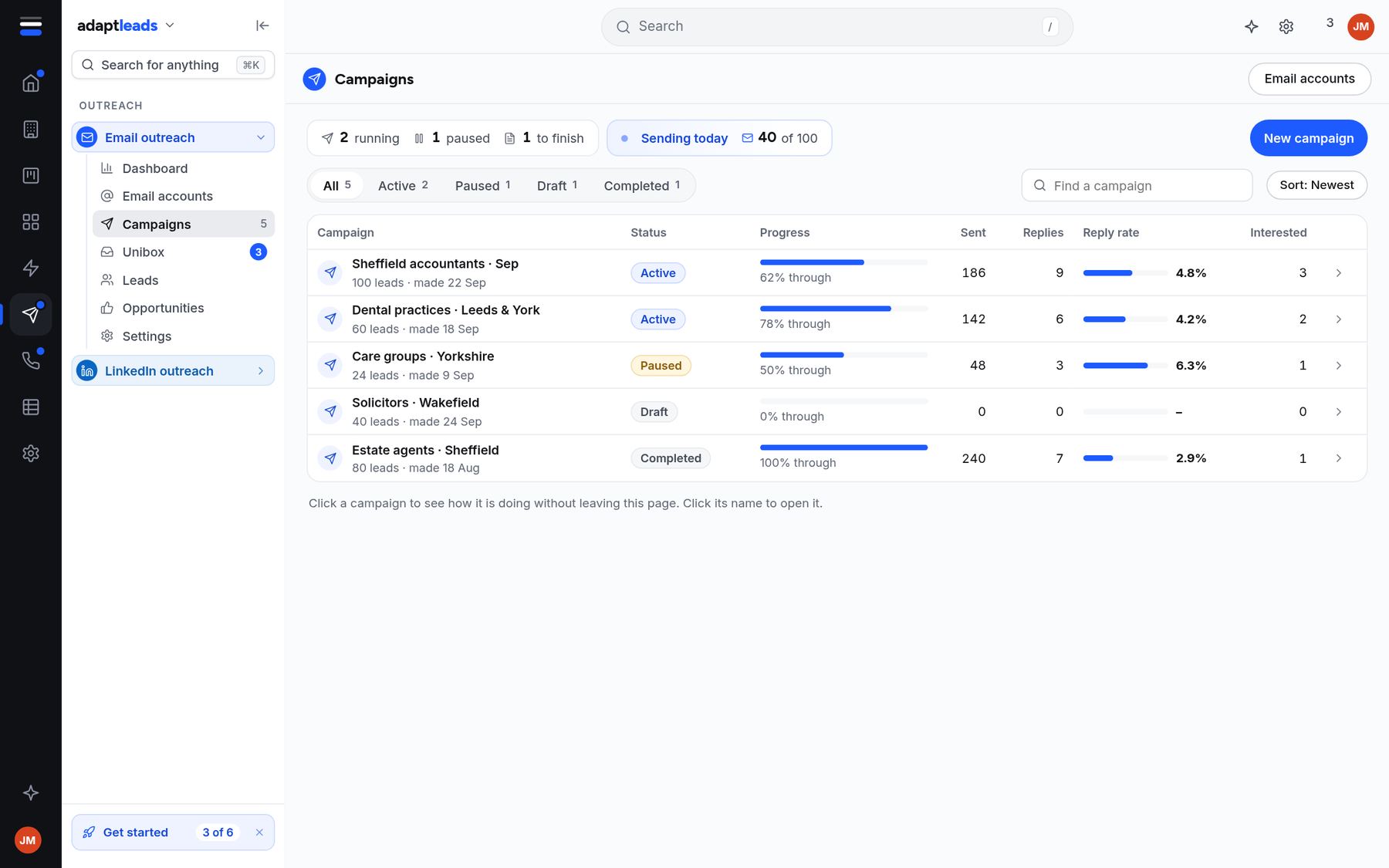 The Campaigns screen listing five campaigns with status, progress, emails sent, replies and interested replies.