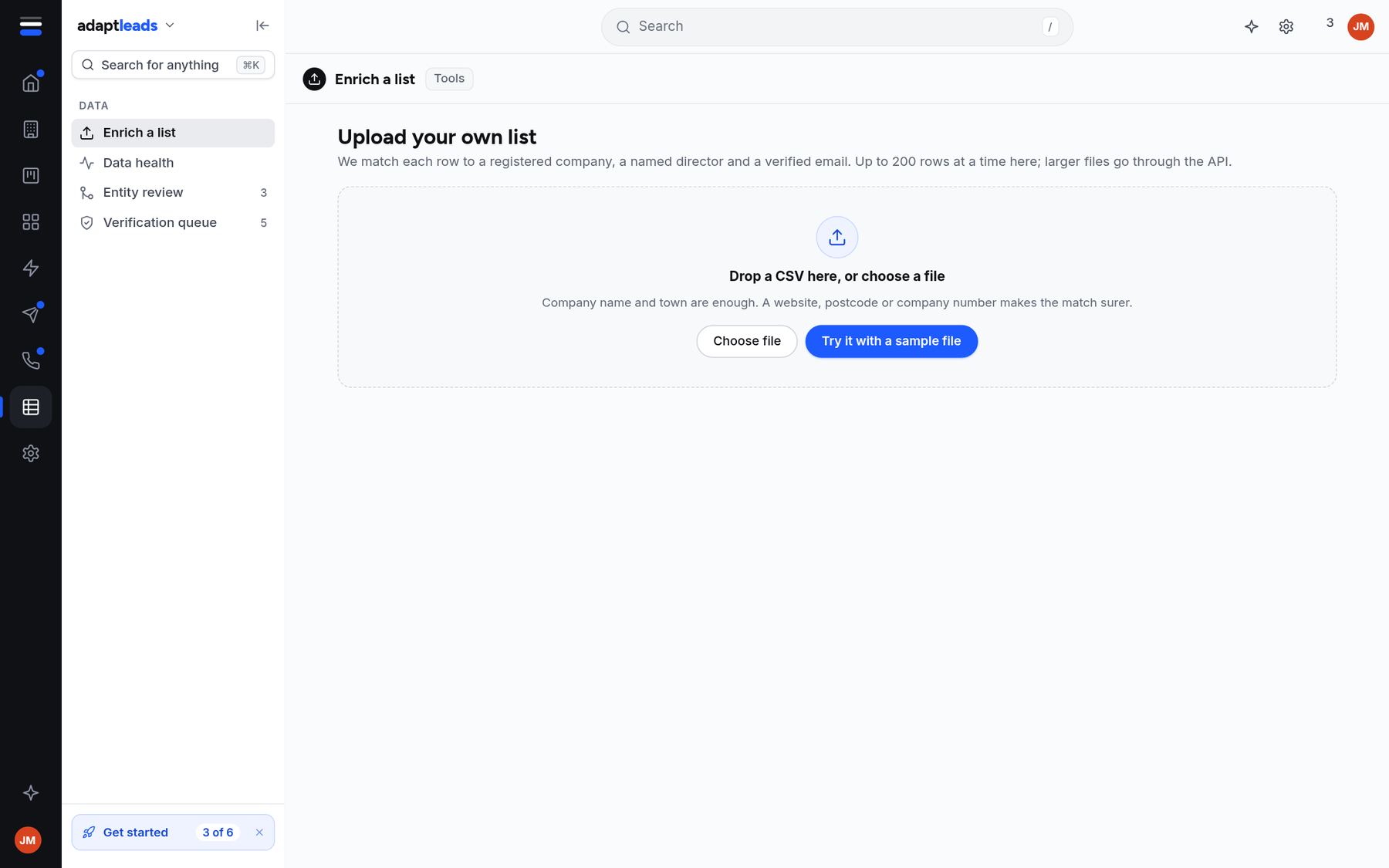 The Enrich a list screen: drop a CSV of your own list to match it to the book.