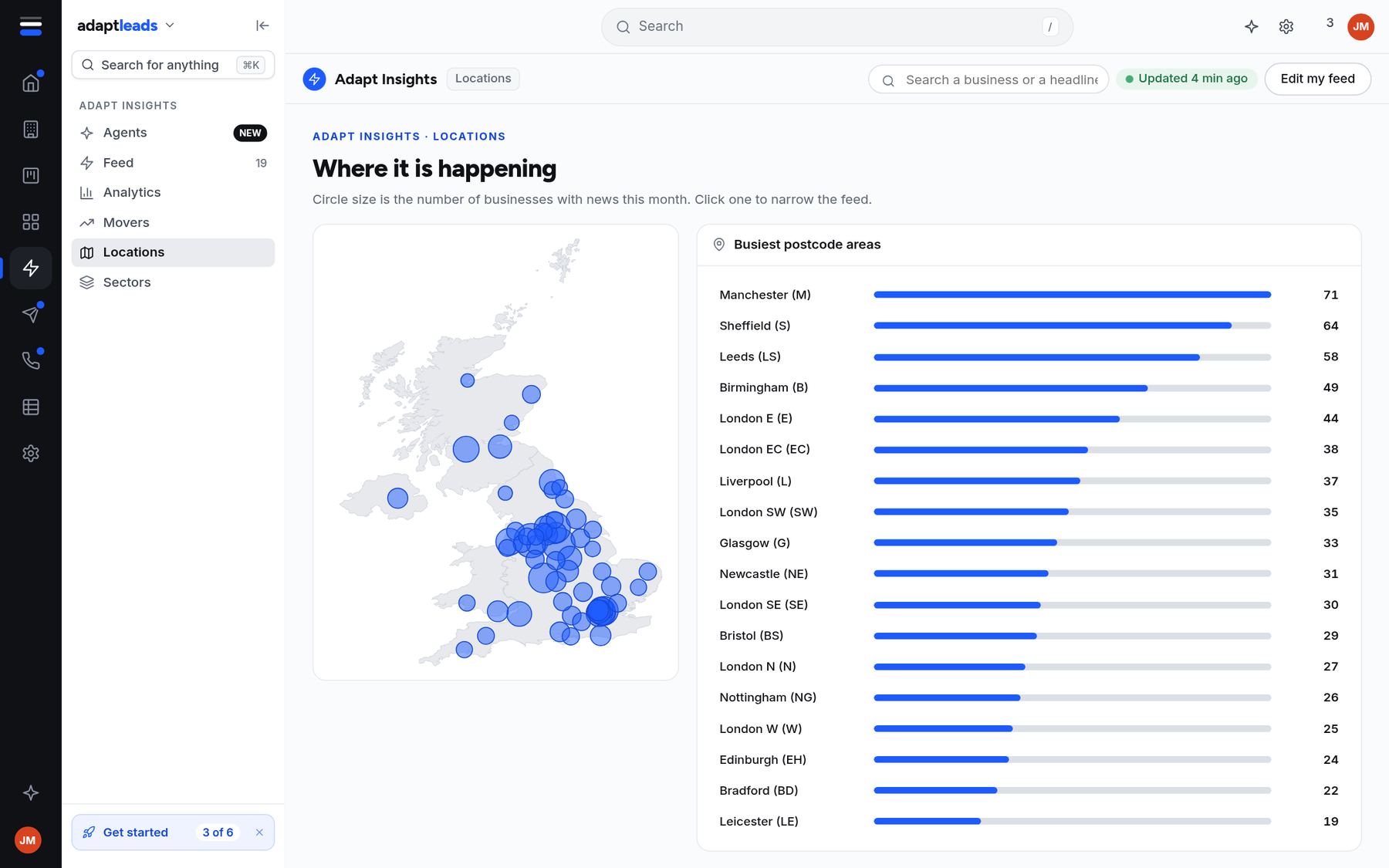 A map of the UK with the busiest postcode areas ranked beside it.