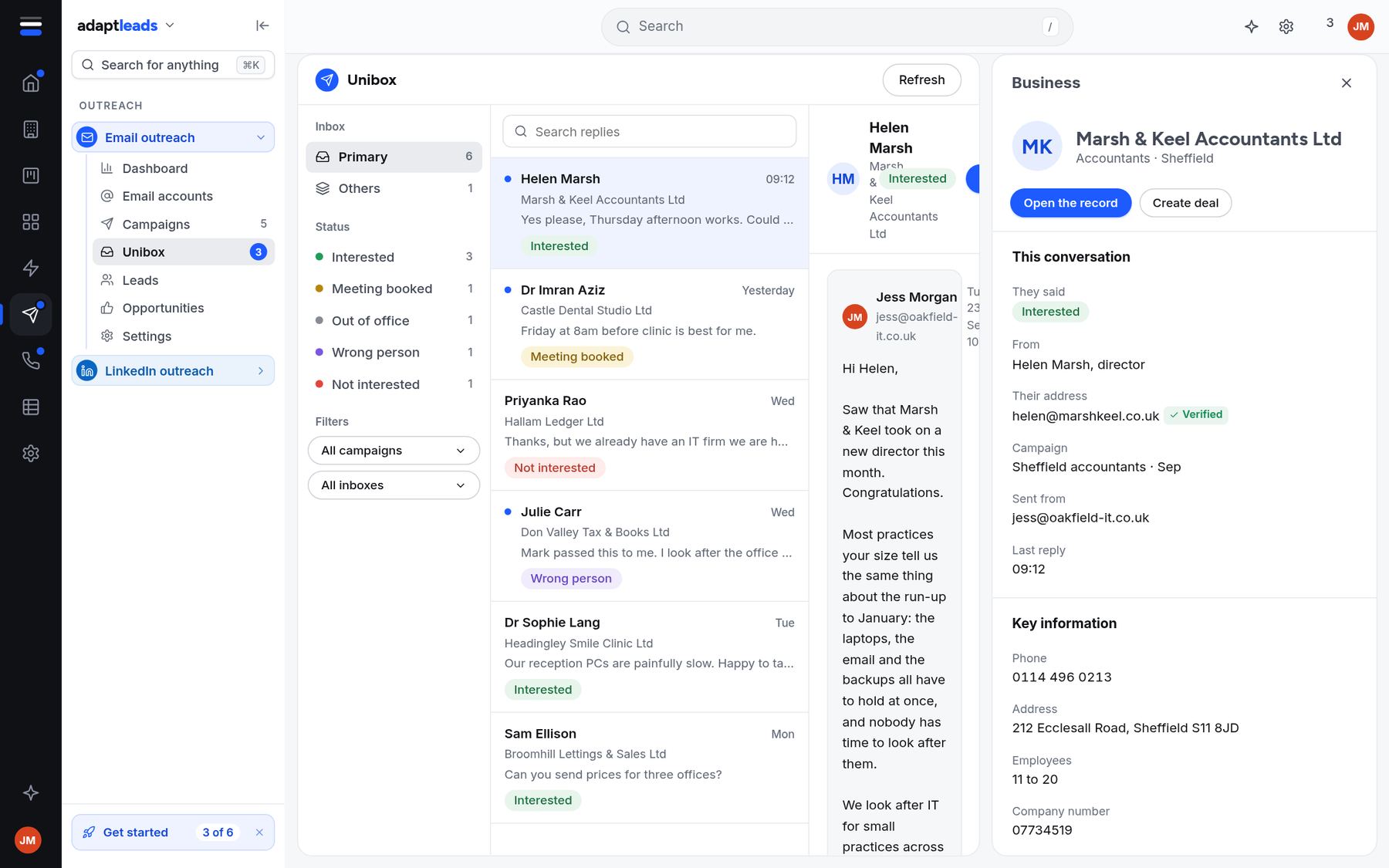 The Unibox with replies labelled Interested, Meeting booked and Not interested, and a conversation open.