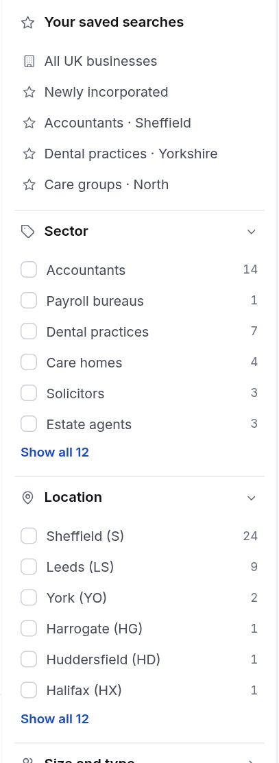 The filters in the UK book: saved searches, sector and location with counts.