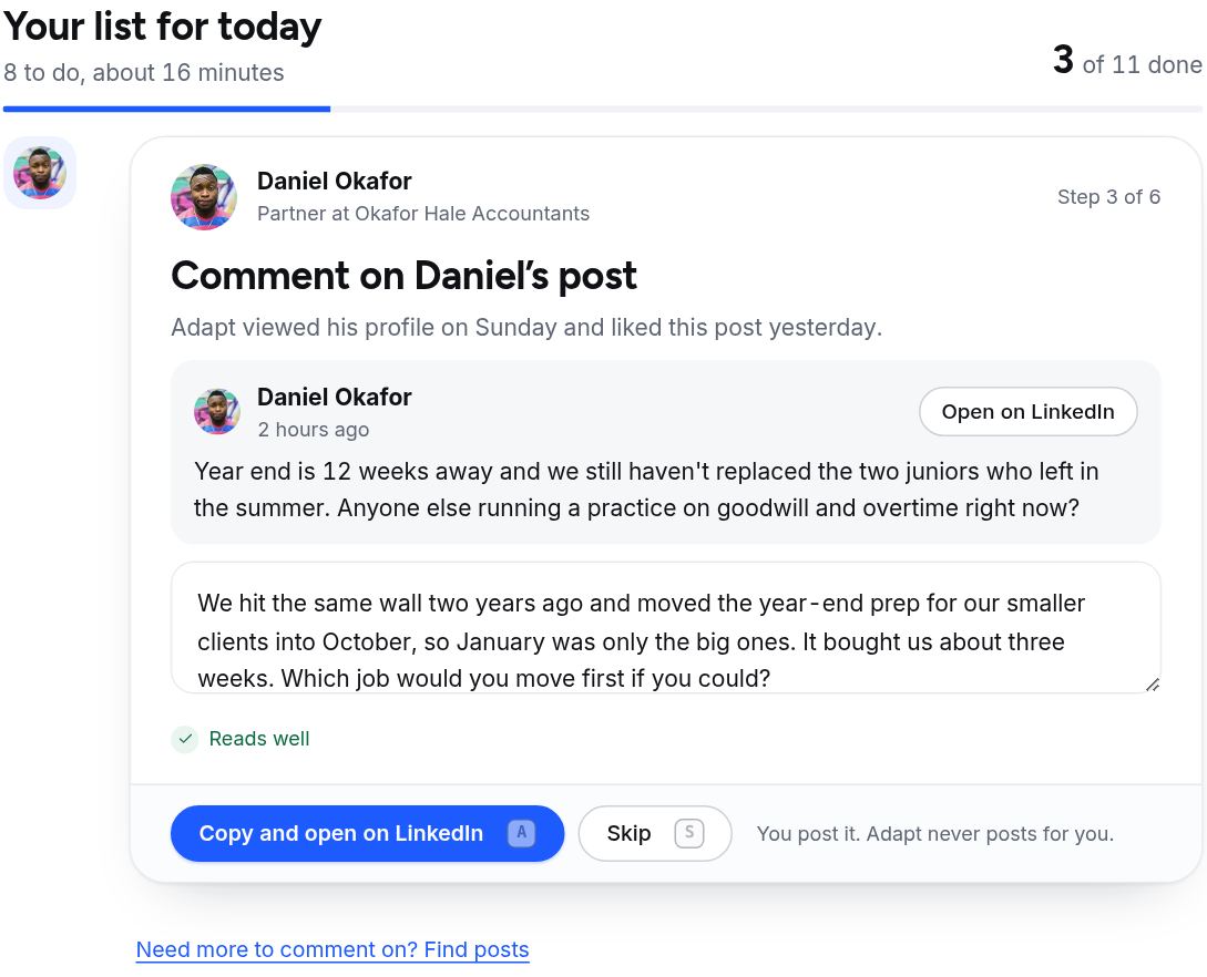 Today's list: a suggested comment on a prospect's post, with a button to copy it and open LinkedIn.